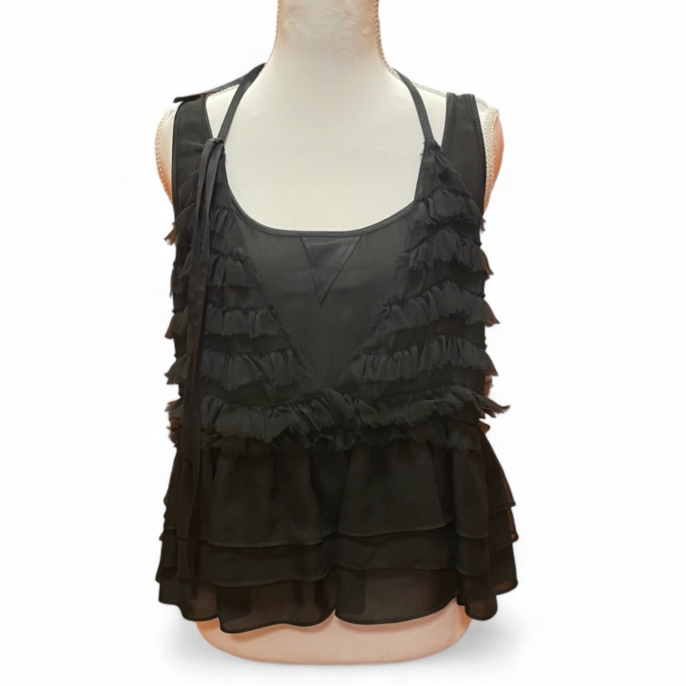 cinq a sept Black Ruffled Tiered Sleeveless Top